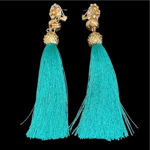 RHINESTONES BORDERED PEARLS TURQUOISE TASSEL EARRING